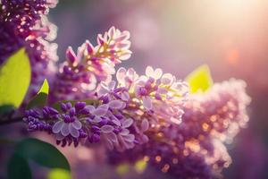 Lilac flowers spring blossom, sunny day light bokeh background photo