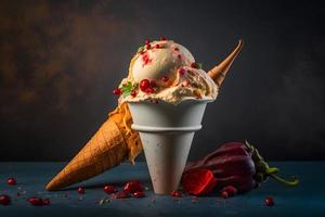 Cold and spicy ice cream with chilli and berries photography photo