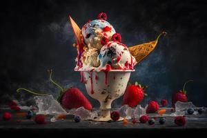 Cold and spicy ice cream with chilli and berries photography photo