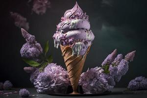 Unique and beautiful lilac ice cream. Unique floral arrangement photography photo