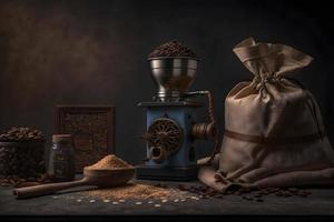 Arábica café frijoles en bolso y amoladora con suelo café bebida fotografía foto