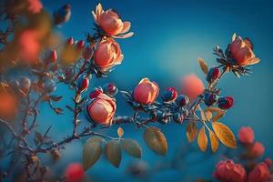 Beautiful spring border, blooming rose bush on a blue background. Flowering rose hips against the blue sky photo