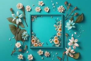 Beautiful spring nature background with lovely blossom, petal a on turquoise blue background frame photo