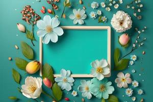 Beautiful spring nature background with lovely blossom, petal a on turquoise blue background frame photo