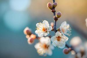 Photos Beautiful floral spring abstract background of nature. Branches of blossoming apricot macro with soft focus on gentle light blue sky background