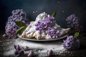 Homemade and tasty fried lilac flower with powdered sugar food photography photo