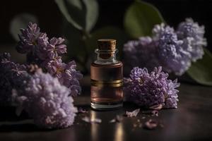 único y aromático petróleo para cuerpo cuidado. lila flor productos fotografía foto