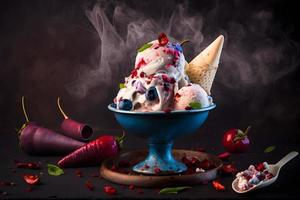 Cold and spicy ice cream with chilli and berries photography photo