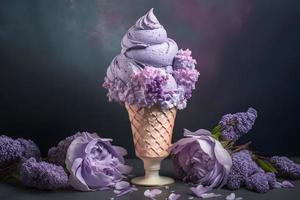 Unique and beautiful lilac ice cream. Unique floral arrangement photography photo