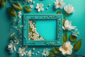 Beautiful spring nature background with lovely blossom, petal a on turquoise blue background frame