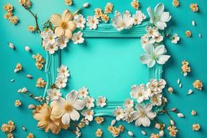 Beautiful spring nature background with lovely blossom, petal a on turquoise blue background frame