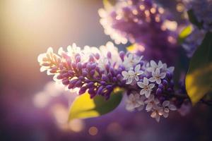 Lilac flowers spring blossom, sunny day light bokeh background photo