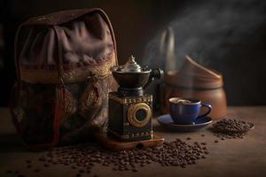 Arabic coffee beans in bag and grinder with ground coffee drink photography photo