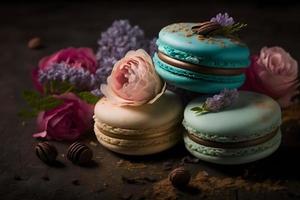 Sweet and beautiful macaroons of flower flavour. Flower flavour dessert food photography