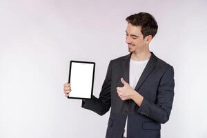 Portrait of attractive cheerful businessman using device app searching web isolated over white color background photo