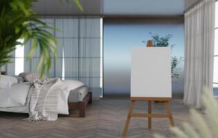 3D mockup blank canvas on Wooden easel in bedroom rendering photo