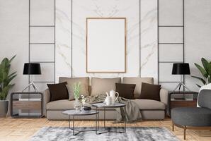 3D illustration Mockup blank photo frame in living room rendering