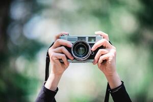 manos de hembra profesional fotógrafo toma instantáneas en bosque foto