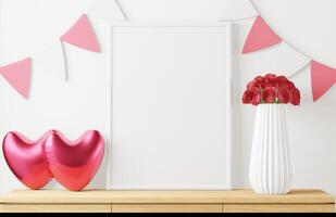 Mock up of poster frame on valentine concept modern interior in living room with love shape balloon photo