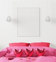 Mock up of poster frame in wooden floor valentine concept modern interior behind of bed in bed room with love shape balloon photo