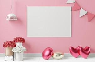 Mock up of poster frame on valentine concept modern interior in living room with love shape balloon photo