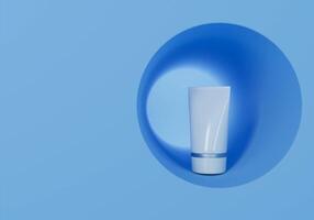 un burlarse de arriba de realista blanco cosmético tubo aislado en brillante azul fondo, 3d representación , 3d ilustración foto