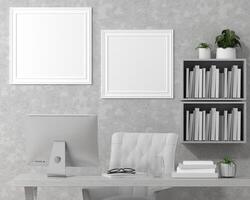 3D interior design minimal workspace with mockup photo frame