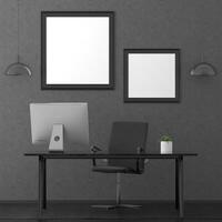 3D interior design minimal workspace with mockup photo frame