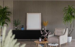 3D mockup blank photo frame in living room rendering