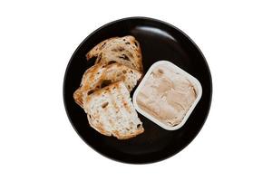 378 Black plate with toast bread and deep isolated on a transparent background photo