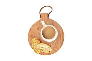 4054 Brown tray with bread and coffee milk cup isolated on a transparent background photo