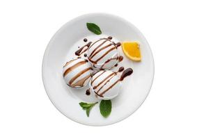 2001 White plate with ice cream balls isolated on a transparent background photo