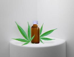 Marijuana juice with fresh marijuana leaves on white background for product display or exhibition, 3D rendering photo