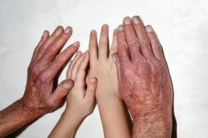 el manos de niños y el anciano. un joven niña participación su del abuelo mano en el hospital. foto