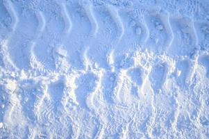 Winter road, Christmas trees in the snow. A track in a winter snow scene. Snowy, evening. photo