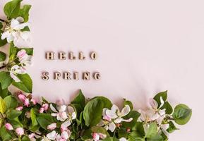 top view of the flowering branches of an apple tree and wooden letters with the text hello spring on a pink background. flat lay. frame, postcard. photo