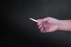 Hand is holding a cigarette on black background,No smoking. Quitting from addiction concept. photo