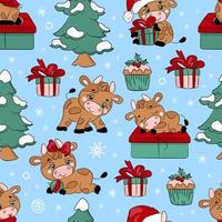 BULL AND CHRISTMAS TREE Seamless Pattern Vector Illustration