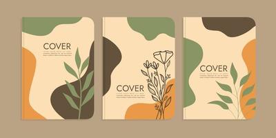 set of book cover designs with hand drawn floral decorations. abstract boho botanical background A4 size For book, binder, diary, planner, brochure, notebook, catalog vector