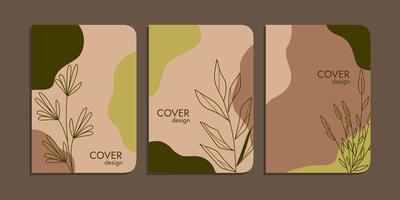 set of book cover designs with hand drawn floral decorations. abstract boho botanical background A4 size brown pastel color For book, binder, diary, planner, brochure, notebook, catalog vector