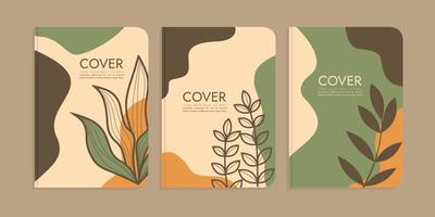 set of book cover designs with hand drawn floral decorations. abstract boho botanical background A4 size For book, binder, diary, planner, brochure, notebook, catalog vector