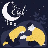 eid mubarak social media post illustration. flat design old man and woman in hijab shaking hands. night background vector