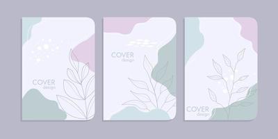 set of book cover designs with hand drawn floral decorations. abstract boho botanical background A4 size pastel blue color For book, binder, diary, planner, brochure, notebook, catalog vector