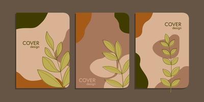 set of book cover designs with hand drawn floral decorations. abstract boho botanical background A4 size brown pastel color For book, binder, diary, planner, brochure, notebook, catalog