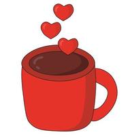 rojo taza con bebida y corazones. San Valentín día jarra icono pegatina vector diseño.