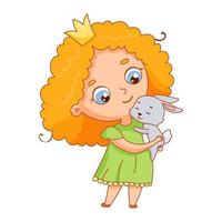 Hand drawn cute little girl princess with rabbit on hands. Cute girl in dress. Vector cartoon childish illustration.