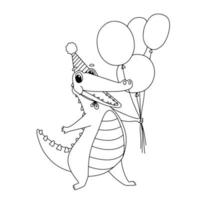 Funny crocodile in cap holds balloons and laughs. Vector outline animal character for coloring book isolated on white background