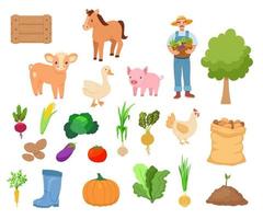 grande conjunto de vector plano dibujos animados ilustraciones aislado en blanco. verduras, animales y linda granjero animales