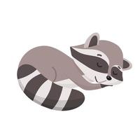 Funny cute cartoon raccoon is sleeping. Vector illustration of small raccoon character isolated on white