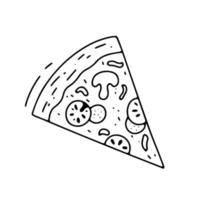 Pizza slice with melted cheese and tomatoes. Hand drawn doodle sketch. Vector outline illustration isolated on white.